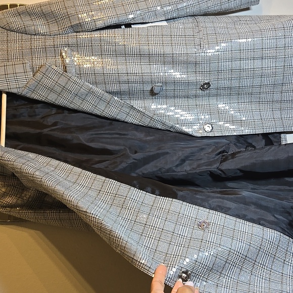 Jason Wu Houndstooth Plaid Clear Sequin Double Breasted Y2K Lined Blazer Jacket - Picture 13 of 16